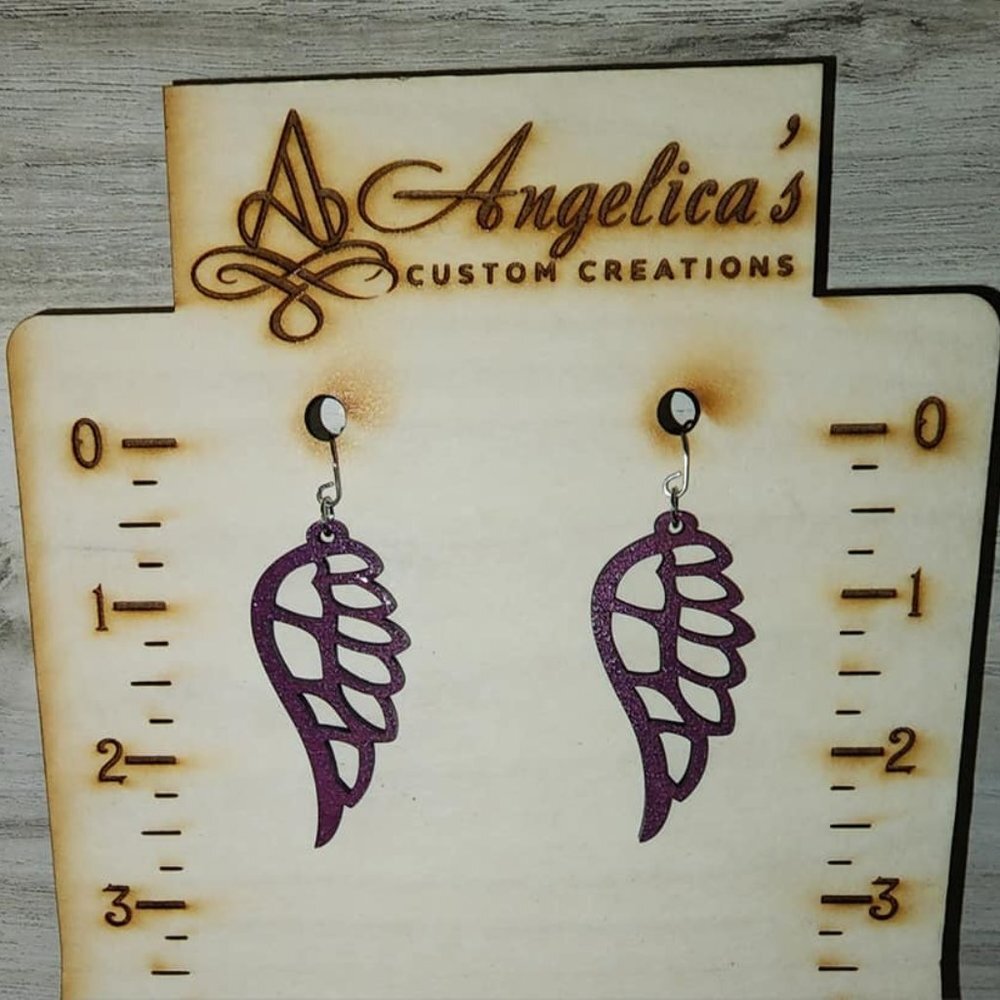 Purple Boho Angel Wing Wood Drop Earrings